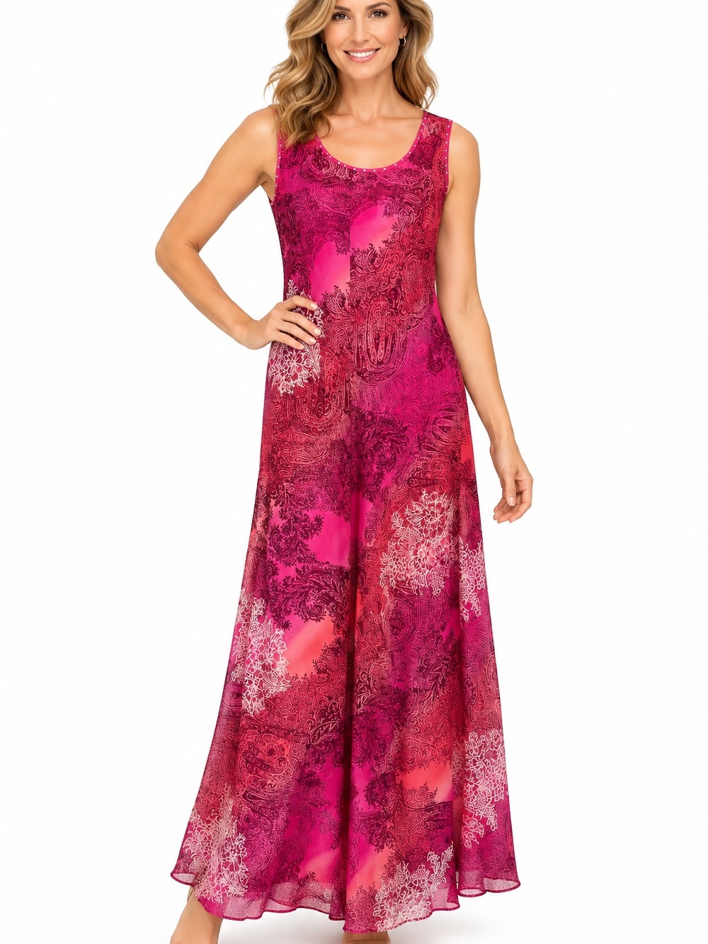 Ann Taylor 100% Silk Shell Dress Size 8 Pink Paisley Floral Beaded Maxi
